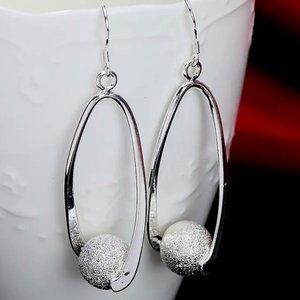Beautiful Frosted Bead Hanging Earrings .925 Sterling Silver
